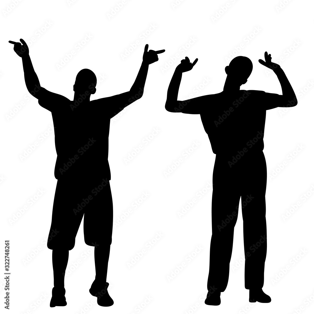 vector, on a white background, black silhouette guy rejoices, friends