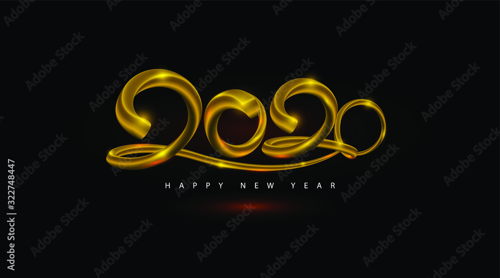 Happy New 2020 Year. Holiday vector illustration of golden metallic calligraphic numbers 2020. Realistic 3d sign. Festive poster or banner design. Vector EPS 10 Happy New 2020 Year. Holiday vector illustration of golden metallic calligraphic numbers 2020. Realistic 3d sign. Festive poster or banner design. Vector EPS 10