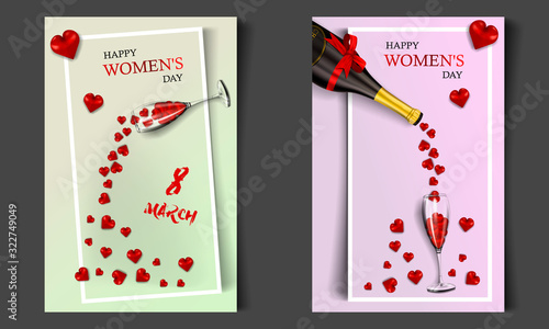 Happy Women's Day, modern vertical banner or postcard for your design, realistic bottle with a red bow and a glass filled with hearts on a pink and minty background with a frame, vector illustration