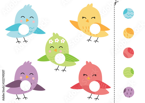 Cut and glue logical game for children. Colorful birds.