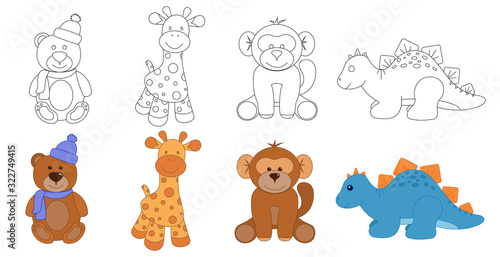 Stuffed animals toys. Coloring. Clipart. Teddy bear, giraffe, monkey, dinosaur
