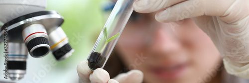 Female biologist geneticist hold test tube with cloned plant sprout closeup. Hebal medicine extract research concept photo