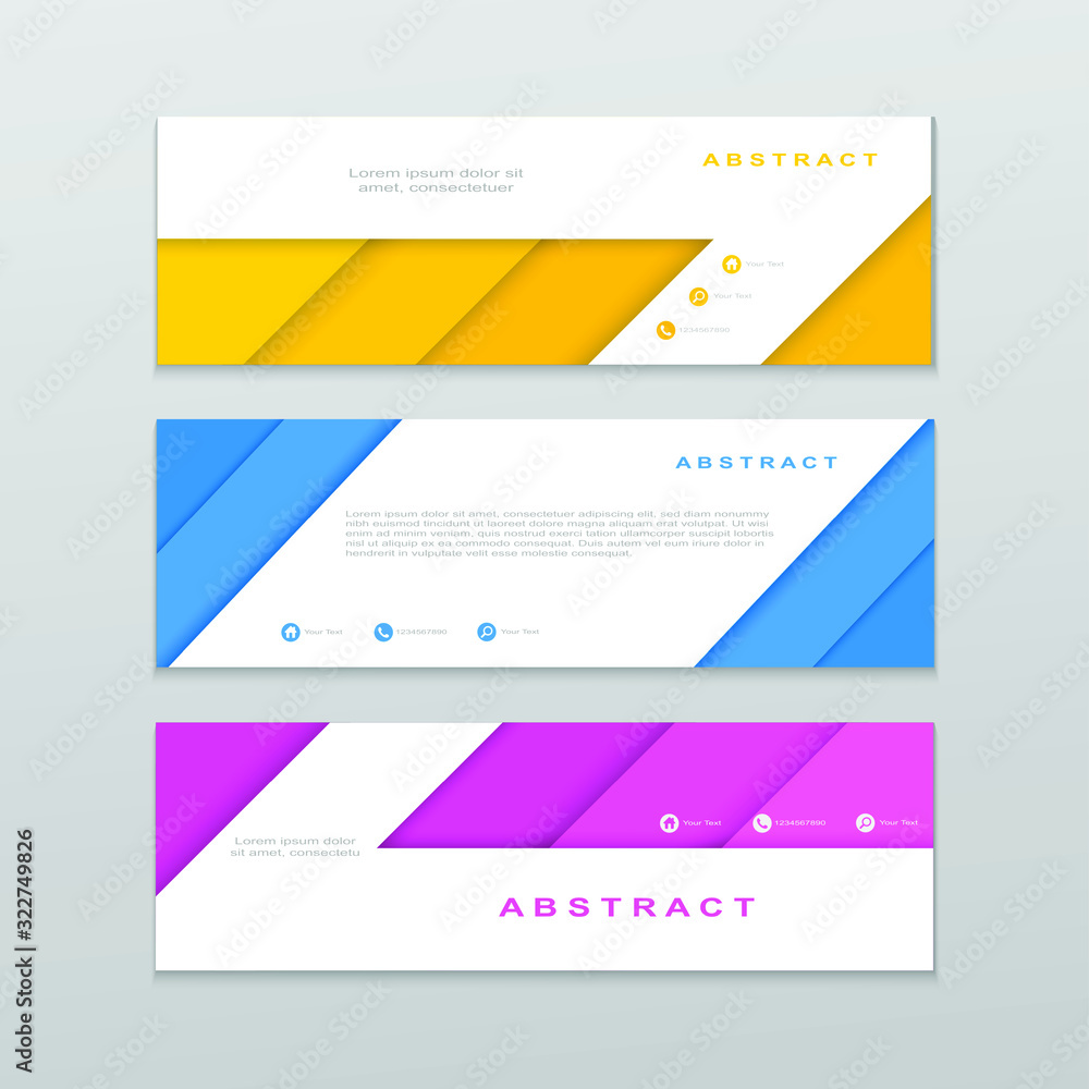 Fototapeta premium 3d vector abstract banner template. Horizontal web banner, modern dynamic design. Creative design of papercut style yellow, pink, blue colored banners on gray background. 