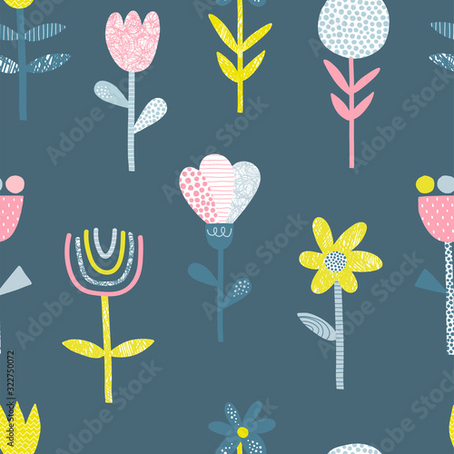 Abstract folk flowers vector seamless pattern. Doodle scribble, line and dot textured blooming plants background. Decorative Scandinavian floral multicolor backdrop.