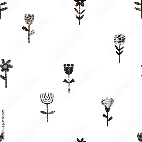 Abstract folk flowers small scaled vector seamless pattern. Doodle scribble, line and dot textured blooming plants background. Decorative Scandinavian floral black white backdrop.