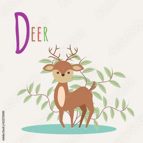 Colorful book alphabet. Book of animals. Deer. Letter D