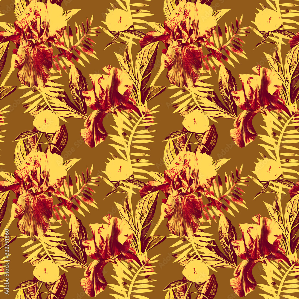 Iris and peony flower, seamless pattern. Iris and peony flower, seamless pattern.