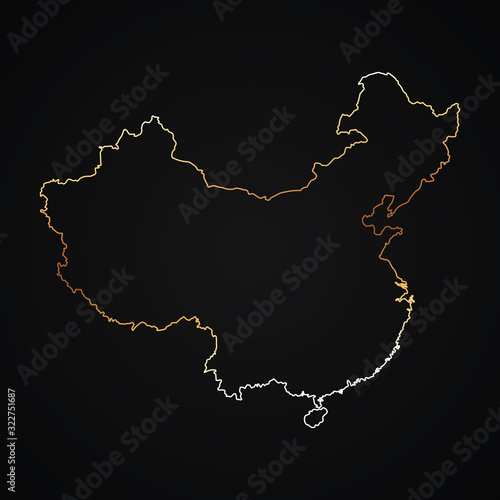 vector golden map outline of China on dark background