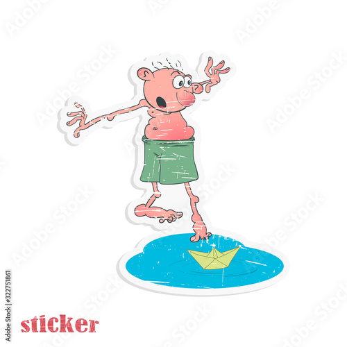 A cartoon boy in shorts is trying to get a paper boat out of a puddle. Vector illustration in the form of a retro sticker.
