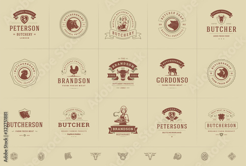 Butcher shop logos set vector illustration good for farm or restaurant badges with animals and meat silhouettes
