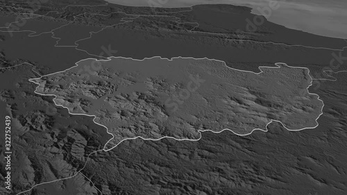 Sánchez Ramírez, province with its capital, zoomed and extruded on the bilevel map of Dominican Republic in the conformal Stereographic projection. Animation 3D photo