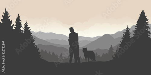 couple with dog are looking into the distance on a mountain and forest landscape vector illustration EPS10