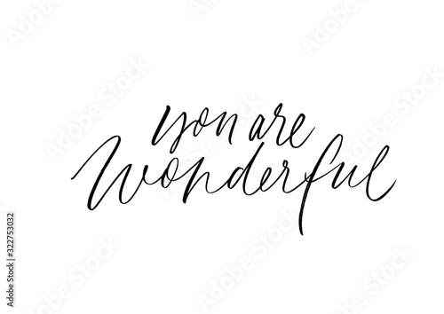 You are wonderful ink pen vector lettering. Cheering compliment, kind phrase handwritten calligraphy.