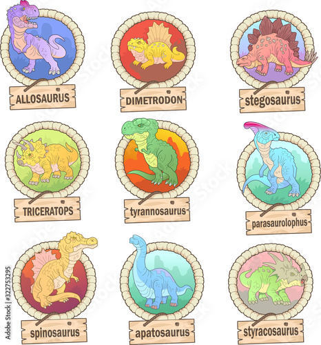 cartoon prehistoric dinosaurs, set of images, funny illustrations