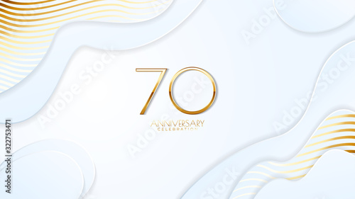 70th anniversary celebration. Golden number with realistic fluid white background. Realistic 3D sign modern elegant can be used for a company or wedding. editable design vector EPS 10.
