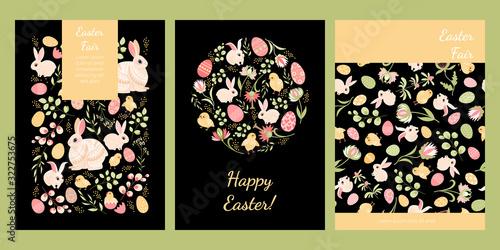 Easter fair banners. Set of cards for Easter with cute bunnies, chickens, painted eggs and flowers.