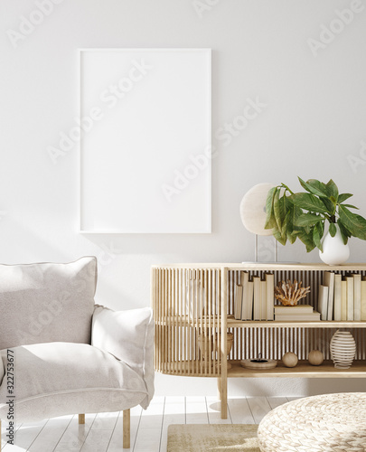 Mock up frame in home interior background, Scandinavian style, 3d render