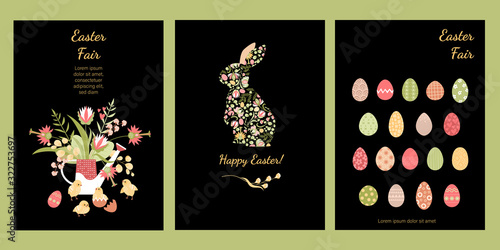 Set of cards for Easter with cute bunny, chickens, painted eggs and flowers. Easter fair banners.