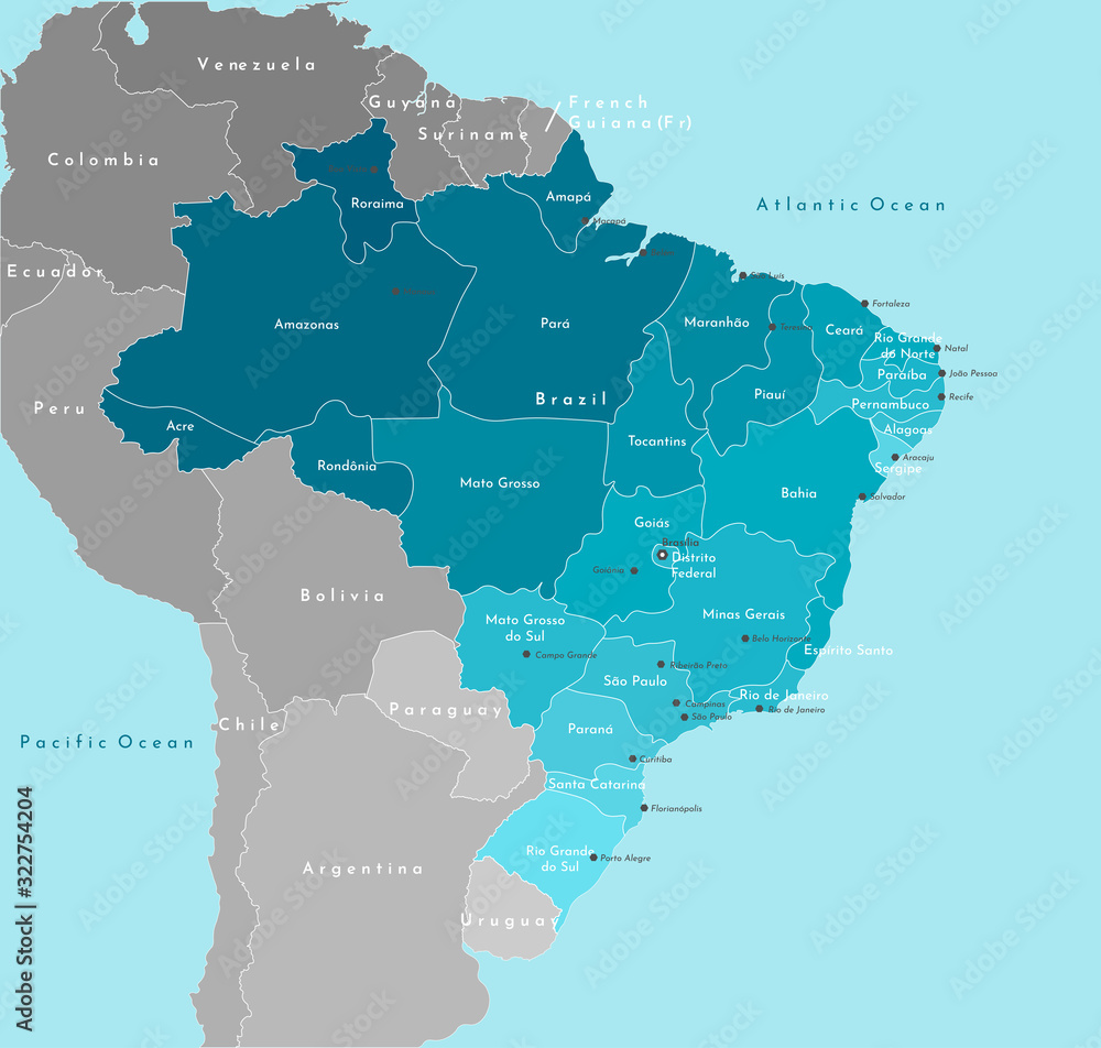 Vector modern illustration. Simplified geographical  map of Brazil and nearest states. Blue background of oceans. Names of Brazilian cities (Brasília, São Paulo and etc.) and provinces.