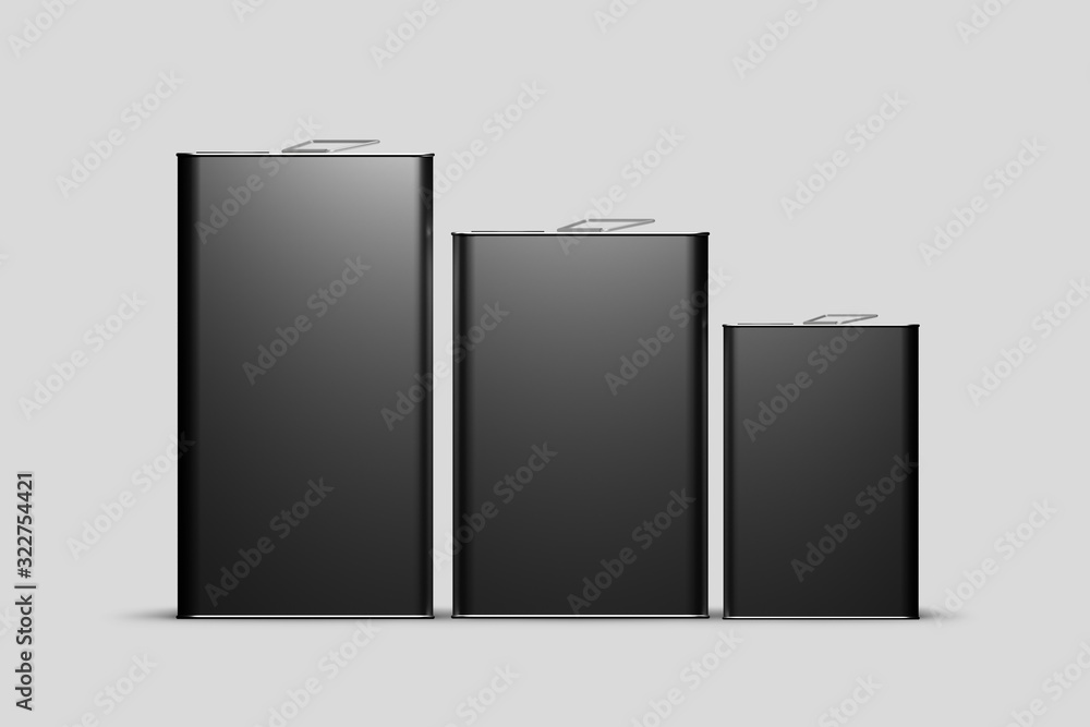 Black metal Oil can. Blank metal rectangular tin can isolated with clipping path around can on white background. Front view. 3d illustration Black metal Oil can. Blank metal rectangular tin can isolated with clipping path around can on white background. Front view. 3d illustration