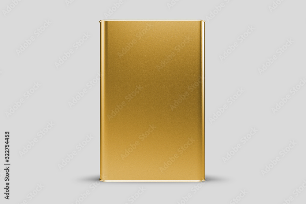 Gold metal Oil can. Blank metal rectangular tin can isolated with clipping path around can on white background. Front view. 3d illustration