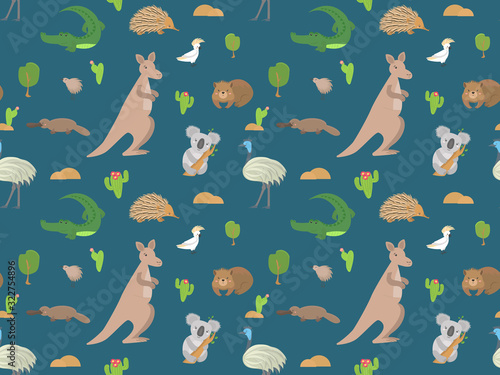 Australian animals vector background. Cute seamless pattern with: kangaroo, koala, kiwis, apteryx, echidna, wombat, emu, cockatoo, platypus, alligator. Childish background