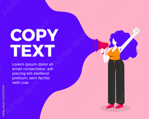 Vector flat design of a woman with a megaphone and copy space