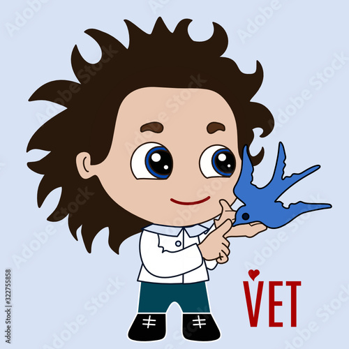emoticon with ornithologist or vet doctor in white robe with bird that is sitting on his hand, vector emoji in color, funny cartoon character from a set