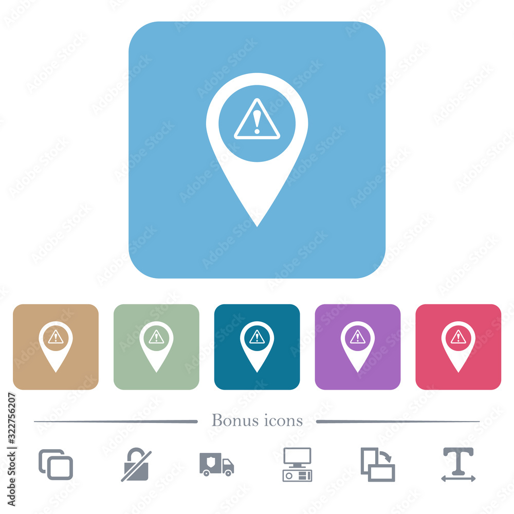 GPS map location warning flat icons on color rounded square backgrounds GPS map location warning flat icons on color rounded square backgrounds