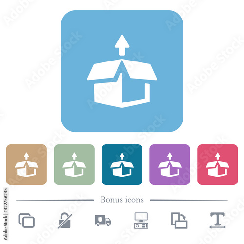Unpack from box flat icons on color rounded square backgrounds