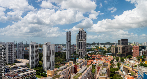 High rise panorama of the skyline at Tanjong Pagar, Singapore, showing  residential flats, condominiums, office buildings and the port terminal photo