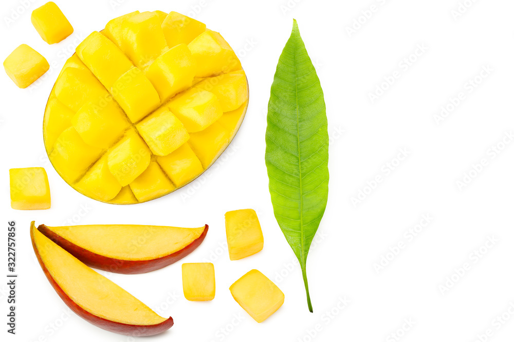 mango slices with green leaves isolated on white background. healthy food. top view mango slices with green leaves isolated on white background. healthy food. top view