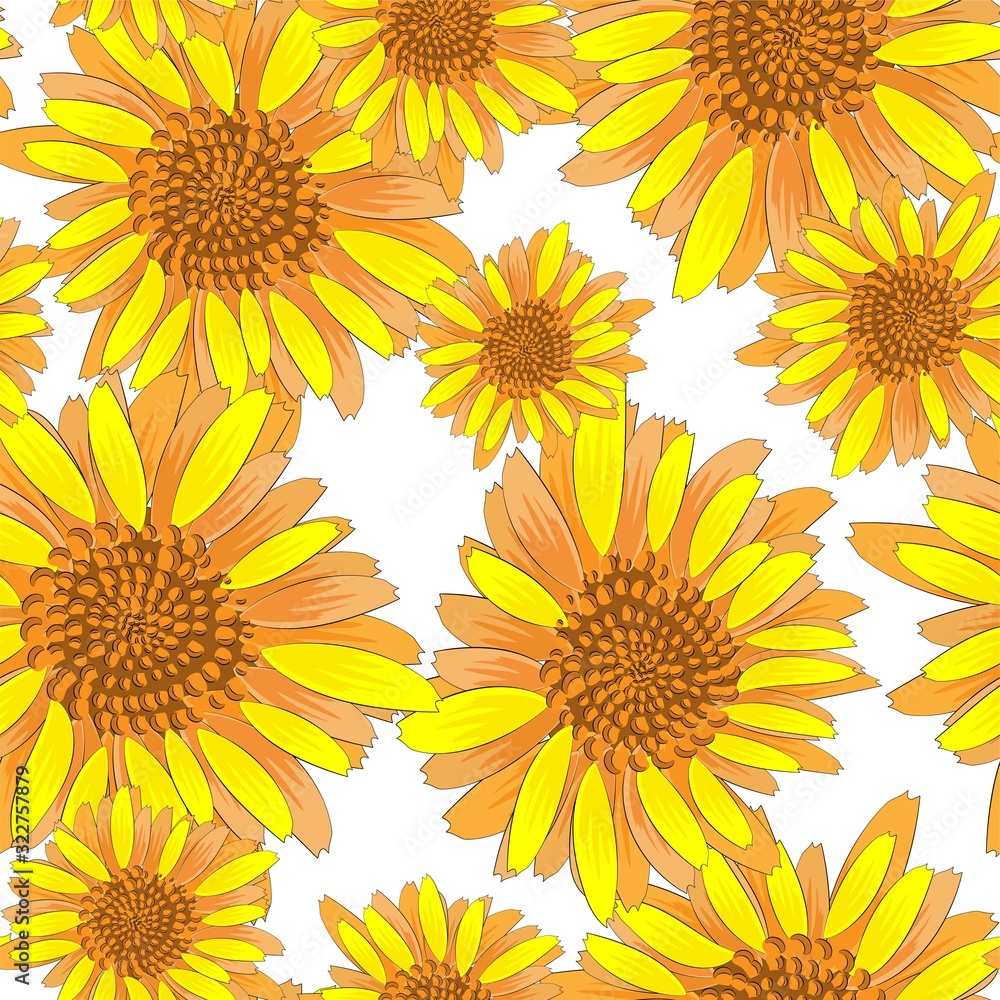 Beautiful seamless pattern with yellow sunflowers on white background. Seamless vector pattern. Decorative floral illustration. Meadow blossom. Floral botanical flower. Repeat design element Beautiful seamless pattern with yellow sunflowers on white background. Seamless vector pattern. Decorative floral illustration. Meadow blossom. Floral botanical flower. Repeat design element