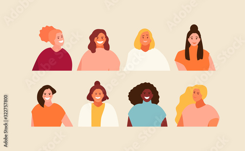 Collection of modern women avatars. Girls of different appearance and nationality vector