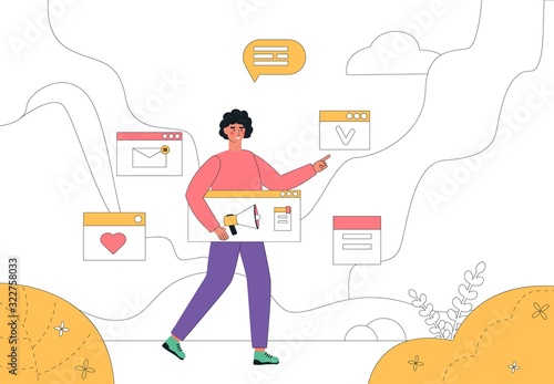 Digital marketing concept, content manager social media. Can be use for advertising, web banners, landing pages, presentations. Vector illustration in flat cartoon style.