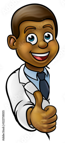 A cartoon scientist professor wearing lab white coat peeking around sign and giving a thumbs up