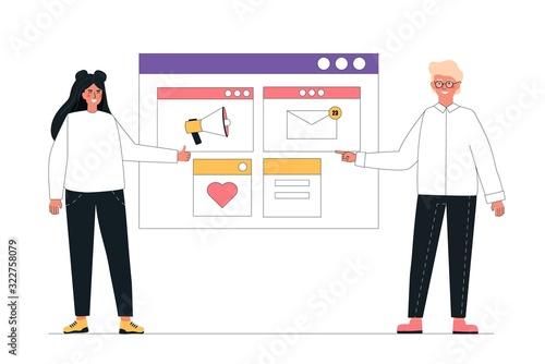 Workflow management business concept vector illustration. Content manager, user, man and woman show slide presentation around the plant and business icons, banner for advertising.