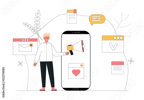 Workflow management business concept vector illustration. Content manager, client, user stands near mobile, around the plant and business icons, banner for advertising, landing page and application.