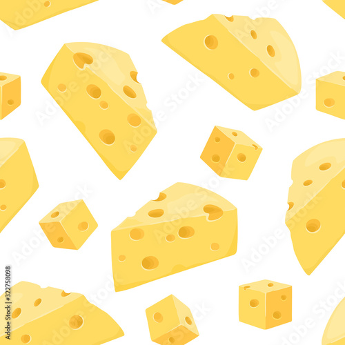 Cheese seamless pattern. Pieces of yellow cheese isolated on a white background. Cubes and triangular pieces of cheese. Vector food illustration in cartoon flat style.