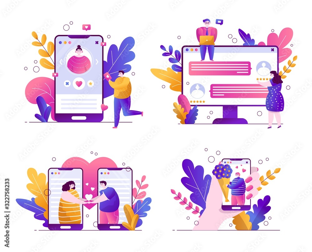 set of vector flat trend illustrations on a white background with characters and botanical leaves. Apps for online dating. People communicate on a smartphone on social networks, put likes