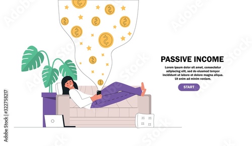 Flat cartoon vector illustration young girl resting, lying on the couch holding the mobile making money online. Passive income, investment, finance savings, freelance, distant work for banner.