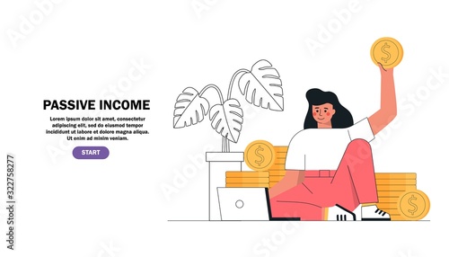Flat cartoon vector illustration young girl sitting with laptop earning money online next to stacks of gold coins. Passive income, investment, finance savings, freelance, distant work for banner.