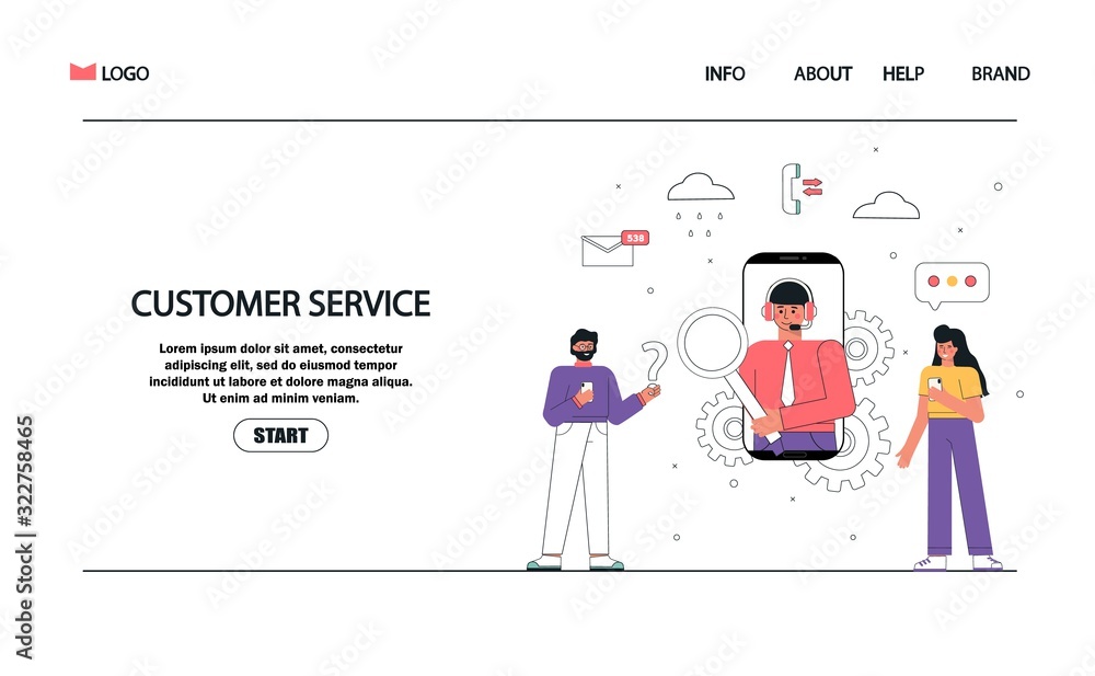 Customer service and advising clients concept illustration for banner, landing page, mobile app, web design. Concept vector illustration for 24/7 chat, call center, support, feedback, assistance.