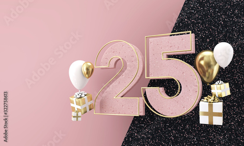 Happy 25th birthday party celebration. Modern marble composition 3D Render photo