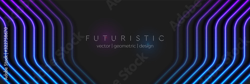 Abstract black technology background with neon glowing light lines. Futuristic geometry vector banner design