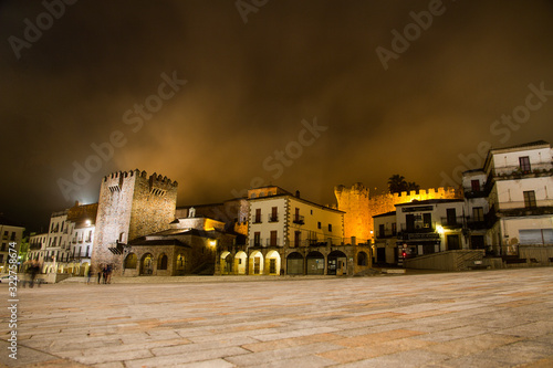 main square of caceres at night