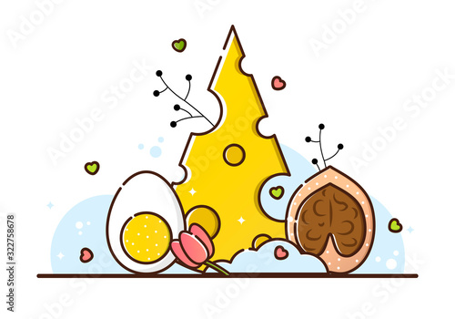 Vector illustration of keto diet on a white background. Cheese, Egg and Walnut. Useful products for weight loss, cooking. The menu for the restaurant and cafe. Linear style.