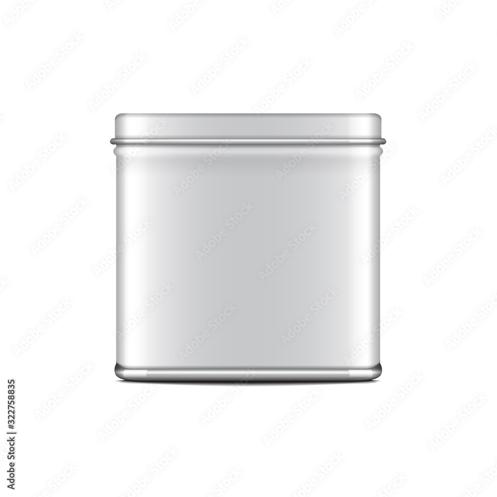 Rectangular white gloss tin can. Container for coffee, tea, sugar, sweet, spice. Vector realistic illustration packaging Rectangular white gloss tin can. Container for coffee, tea, sugar, sweet, spice. Vector realistic illustration packaging