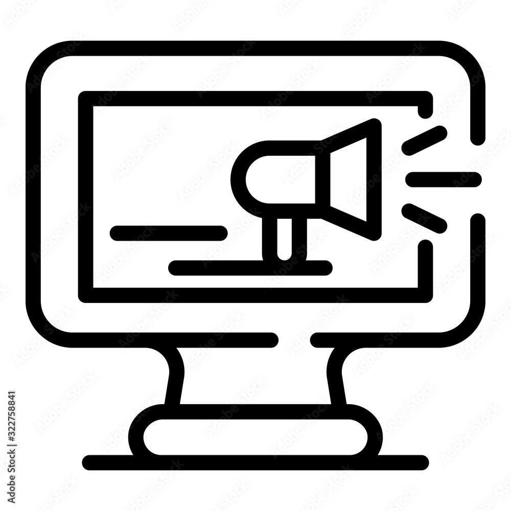 Monitor megaphone icon. Outline monitor megaphone vector icon for web design isolated on white background Monitor megaphone icon. Outline monitor megaphone vector icon for web design isolated on white background