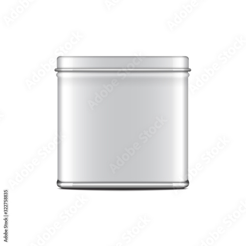 Rectangular white gloss tin can. Container for coffee, tea, sugar, sweet, spice. Vector realistic illustration packaging © anna_yakovets
